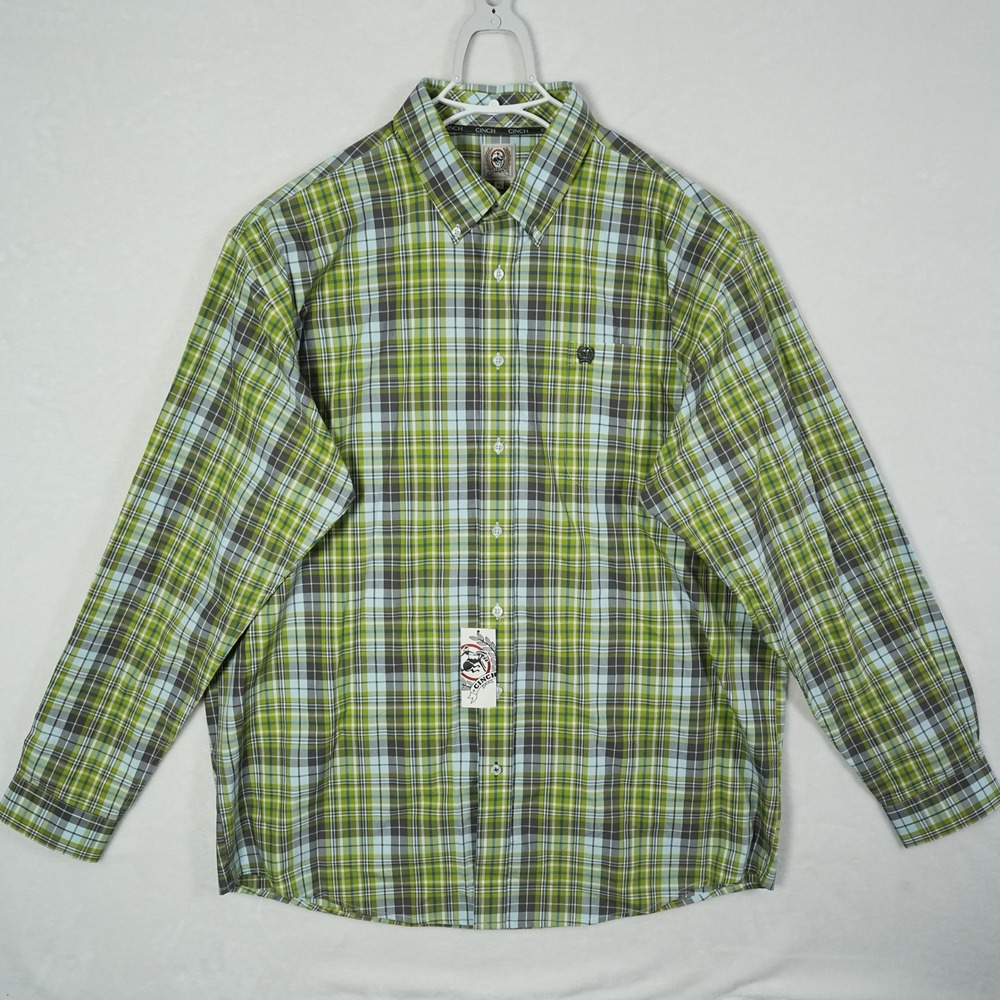 Cinch Mens XL Lime Green Blue Plaid Long Sleeve Button Down Shirt MTW1103481 NEW - Picture 2 of 8